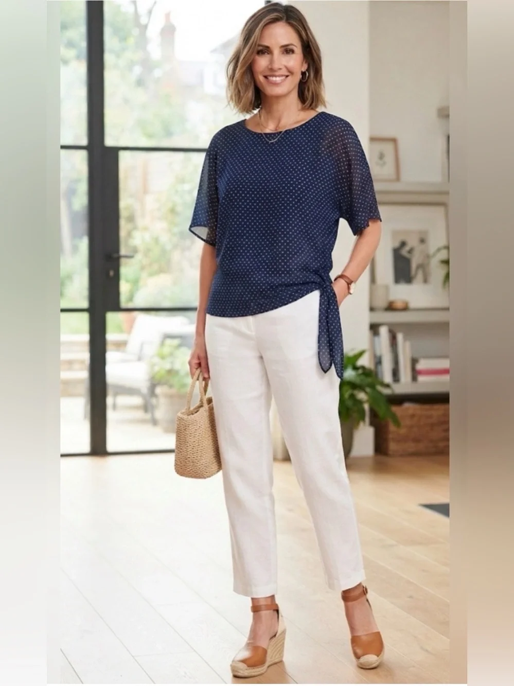Michael Kors Navy Polka Dot Side-Tie Top